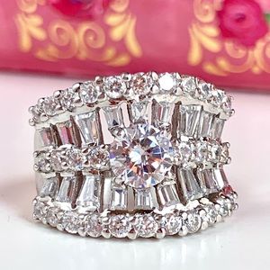 J&T White CZ Baguettes 925 Silver Wide Band Ring Sz 7.25